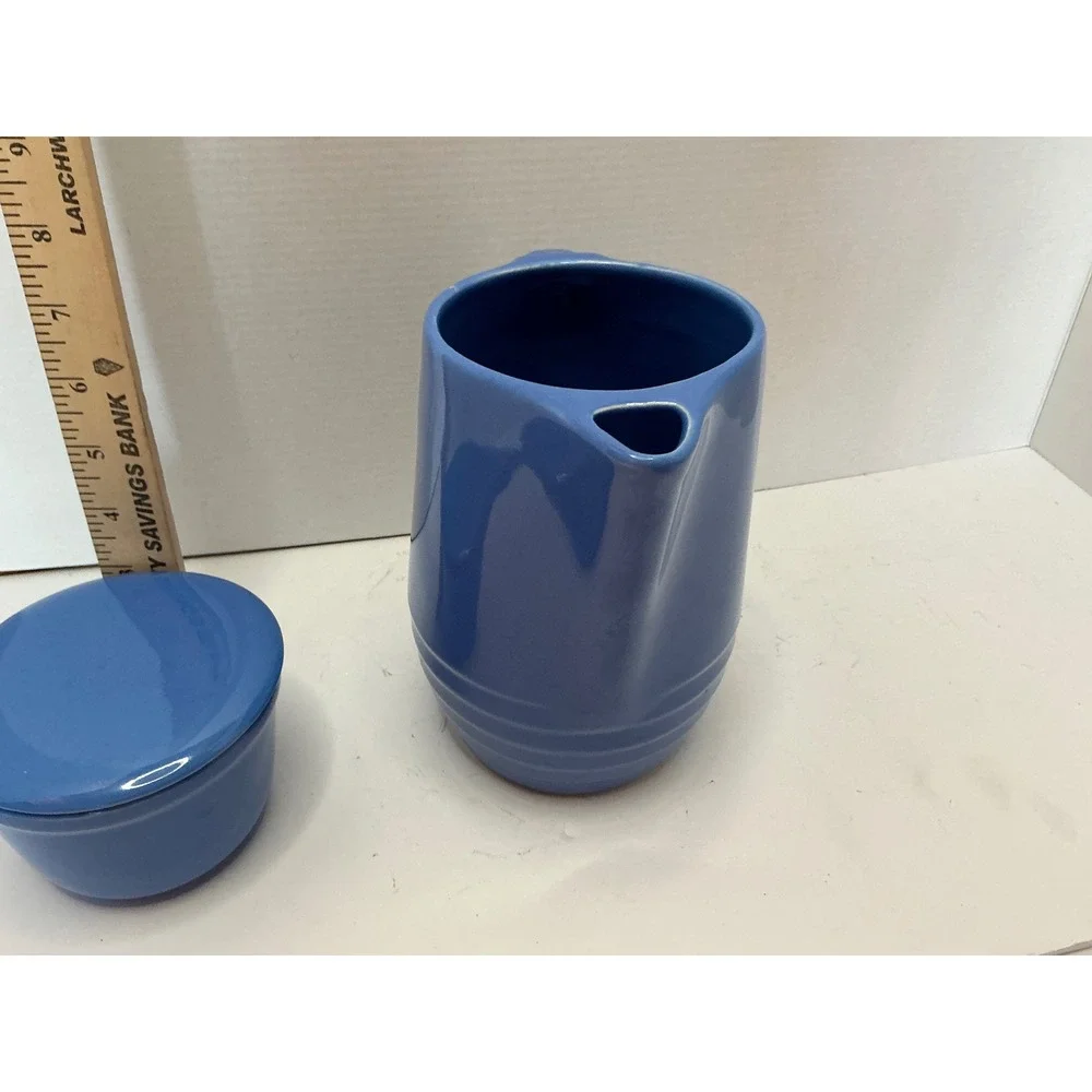 Vintage Blue Ceramic Pitcher and Lidded Bowls Set Kitchenware 3pc